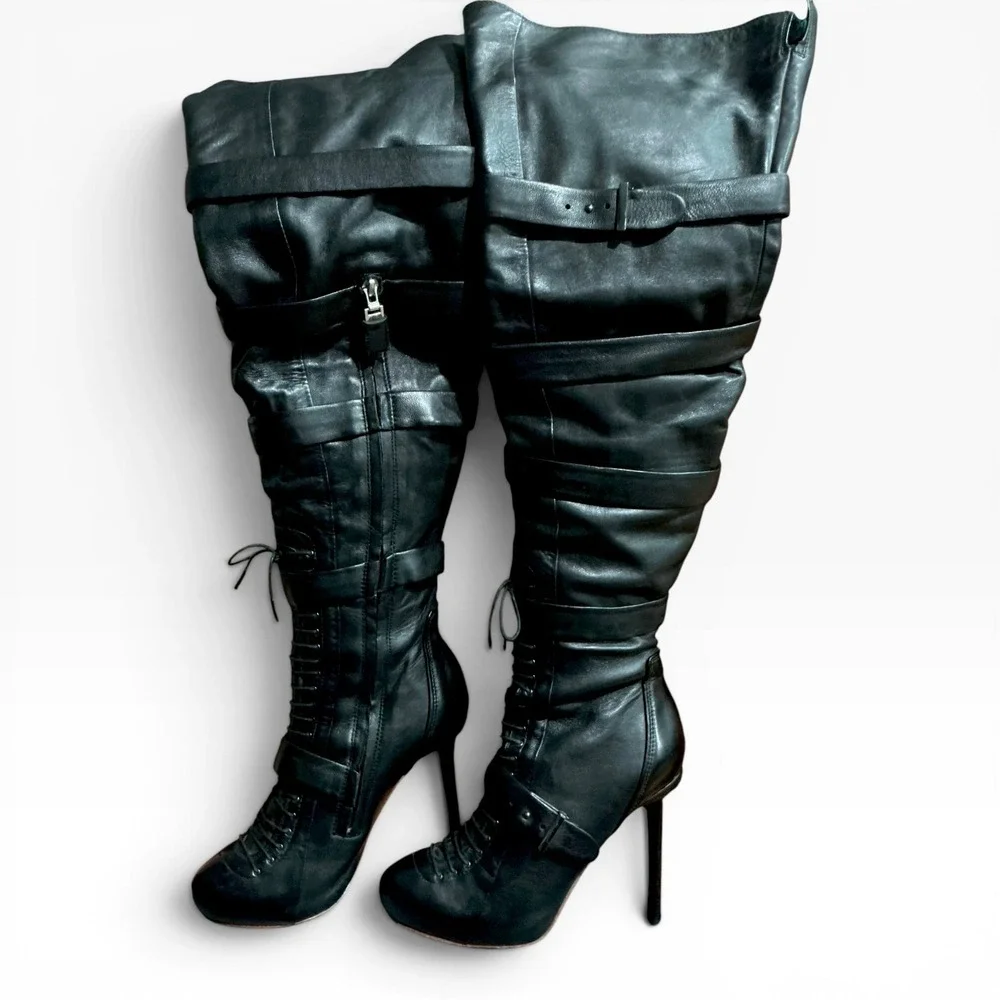 L.A.M.B. Glamette Leather Gwen Stefani OTK Platform Stiletto Boots BLK 7.5 Rare